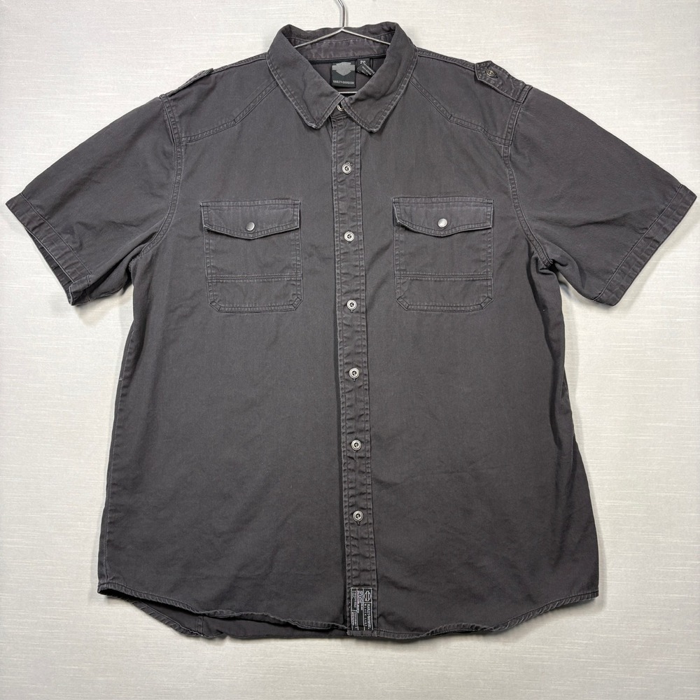 Harley Davidson Button Up Shirt Men 2XL Short‎ Sleeve Military Epaulets Blank